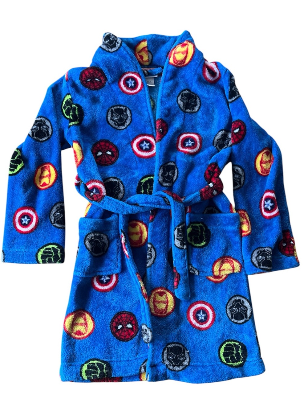 Marvel Blue Kids Plush Robe with Multicolor Superhero Emblems